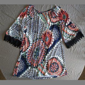 Boho mini dress with lace trimmed bell sleves ~EUC~